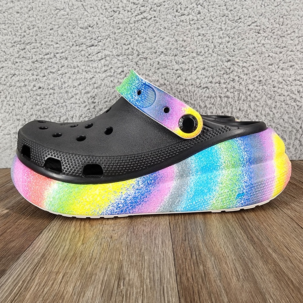 Crocs Classic Bae Clog Black Rainbow Spray Dye Platform Sandals Women Size 7 - Picture 2 of 9